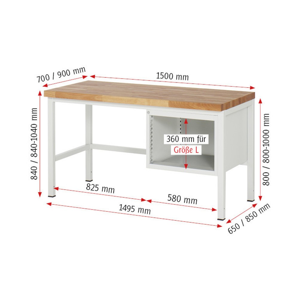 Productafbeelding nr. 5: Werkbank RAU serie 8000, hxbxd 840-1.040 x 1.500 x 900 mm, 3 x voor 100% uittrekbare lades, 3 x 120 mm, draagvermogen lade 100 kg