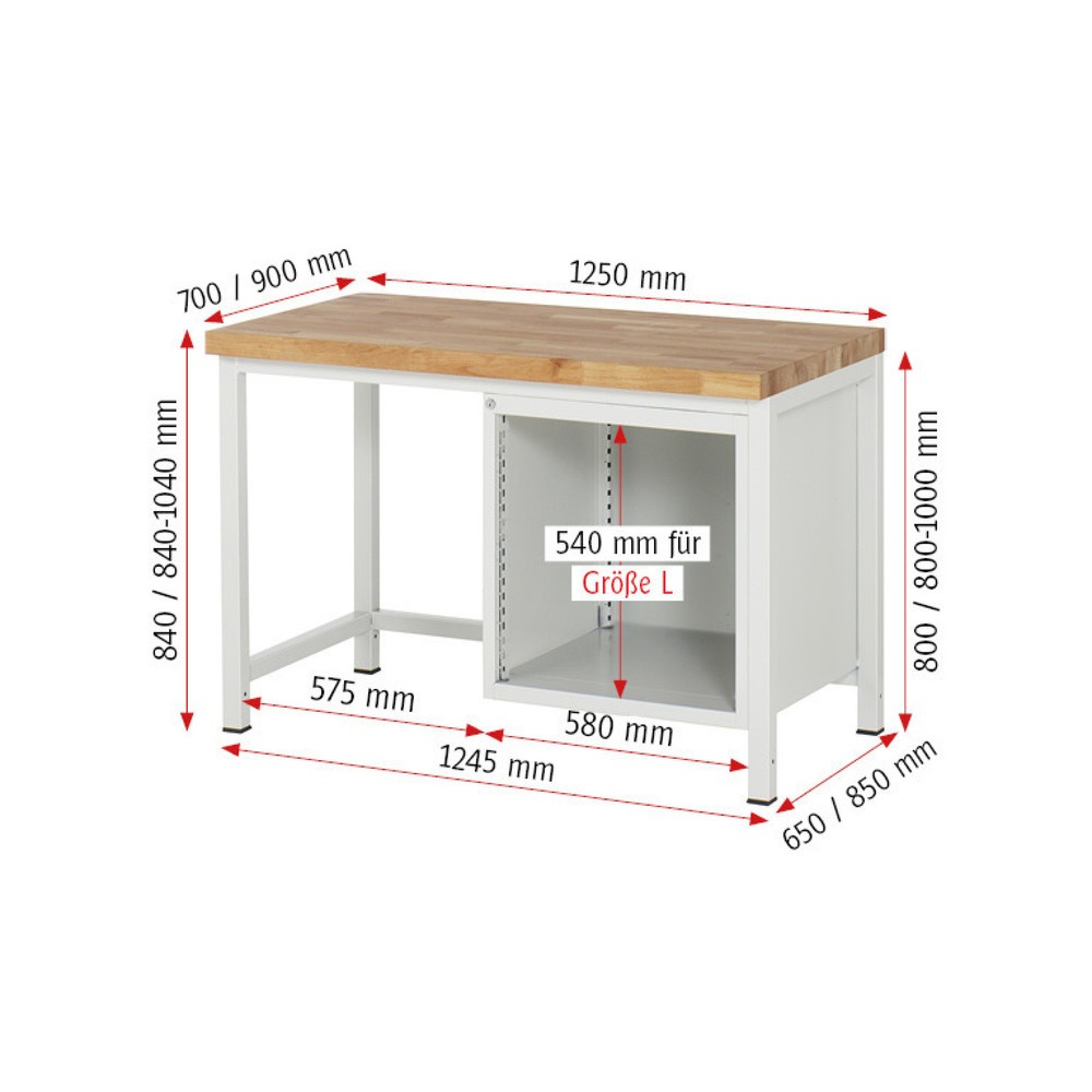 Productafbeelding nr. 6: Werkbank RAU serie 8000, hxbxd 840-1.040 x 1.250 x 700 mm, 5 x voor 90% uittrekbare lades, 4 x 90, 1 x 180 mm, draagvermogen lade 100 kg