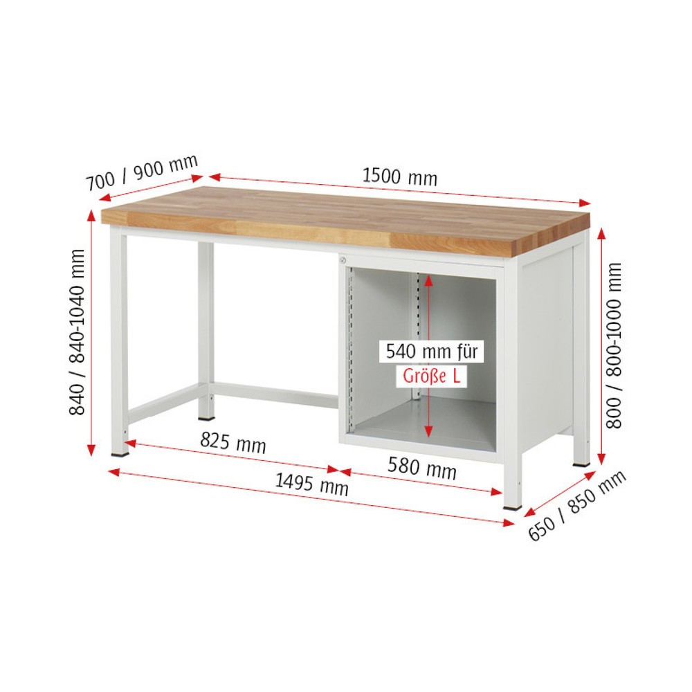 Productafbeelding nr. 5: Werkbank RAU serie 8000, hxbxd 840-1.040 x 1.500 x 900 mm, 2 x voor 100% uittrekbare lades, 1 x 180, 1 x 360 mm, draagvermogen lade 100 kg