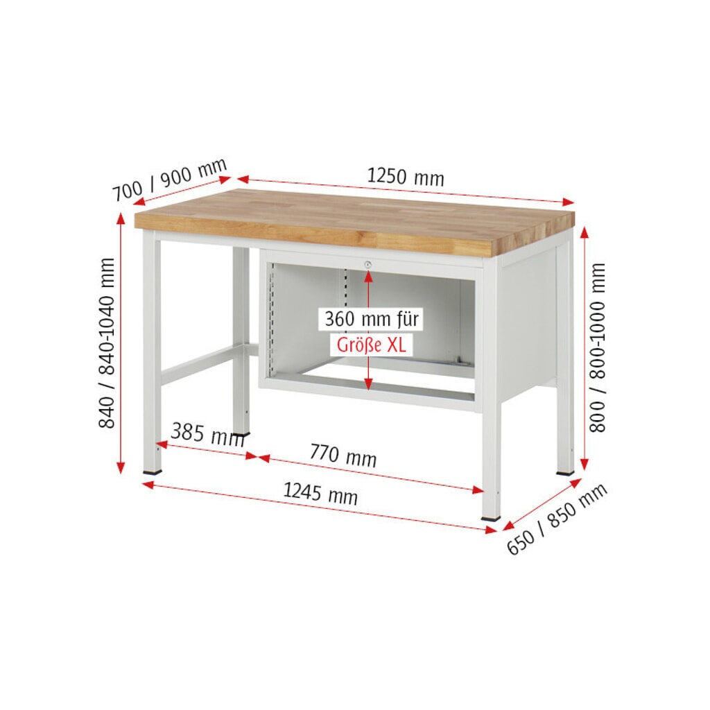 Productafbeelding nr. 7: Werkbank RAU serie 8000, hxbxd 840-1.040 x 1.250 x 700 mm, 4 x voor 100% uittrekbare lades, 4 x 90 mm, draagvermogen lade 75 kg