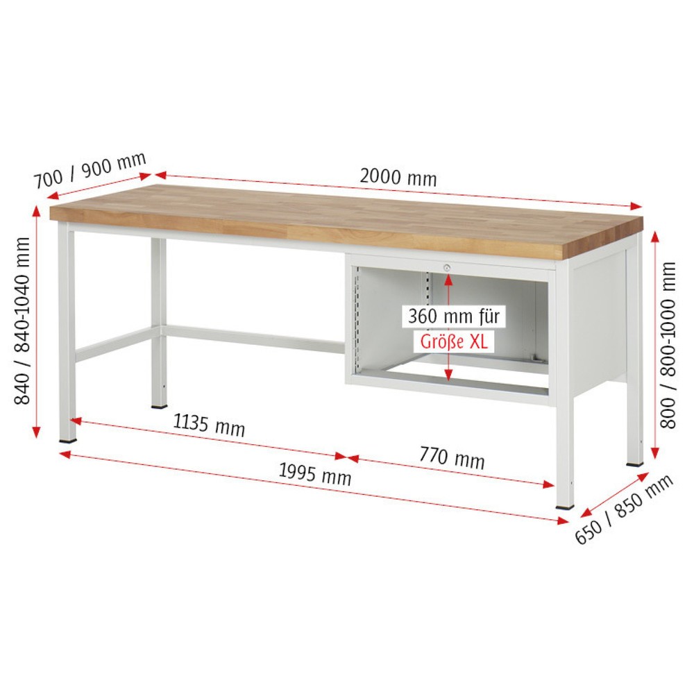 Productafbeelding nr. 4: Werkbank RAU serie 8000, hxbxd 840-1.040 x 2.000 x 900 mm, 4 x voor 100% uittrekbare lades, 4 x 90 mm, draagvermogen lade 75 kg