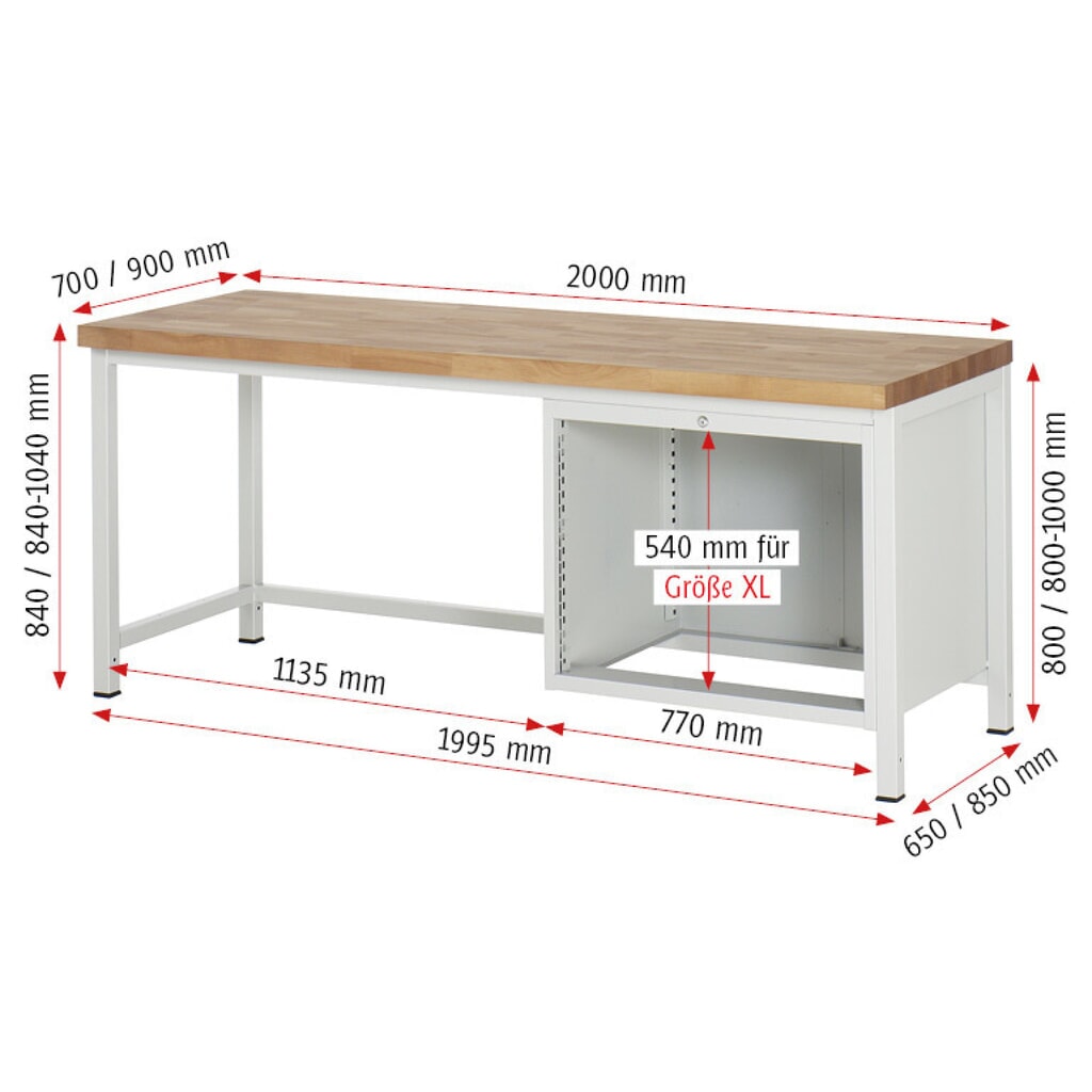 Productafbeelding nr. 5: Werkbank RAU serie 8000, hxbxd 840 x 2.000 x 700 mm, 2 x voor 100% uittrekbare lades, 1 x 180, 1 x 360 mm, draagvermogen lade 75 kg