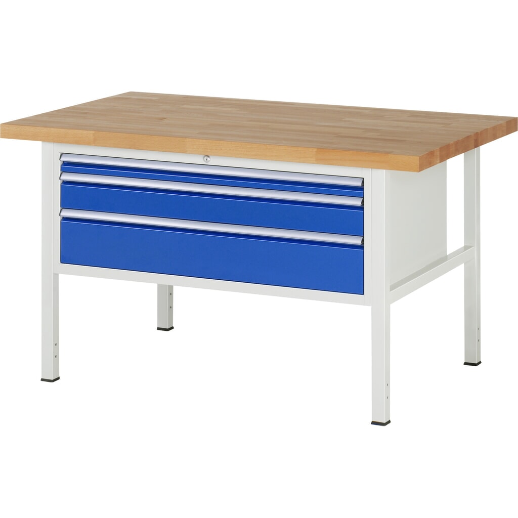 Werkbank RAU serie 8000, hxbxd 840 x 1.500 x 900 mm, 3 x voor 90% uittrekbare lades, 1 x 60, 1 x 120, 1 x 180 mm, draagvermogen lade 50 kg Product afbeelding: Werkbank RAU serie 8000, hxbxd 840 x 1.500 x 900 mm, 3 x voor 90% uittrekbare lades, 1 x 60, 1 x 120, 1 x 180 mm, draagvermogen lade 50 kg