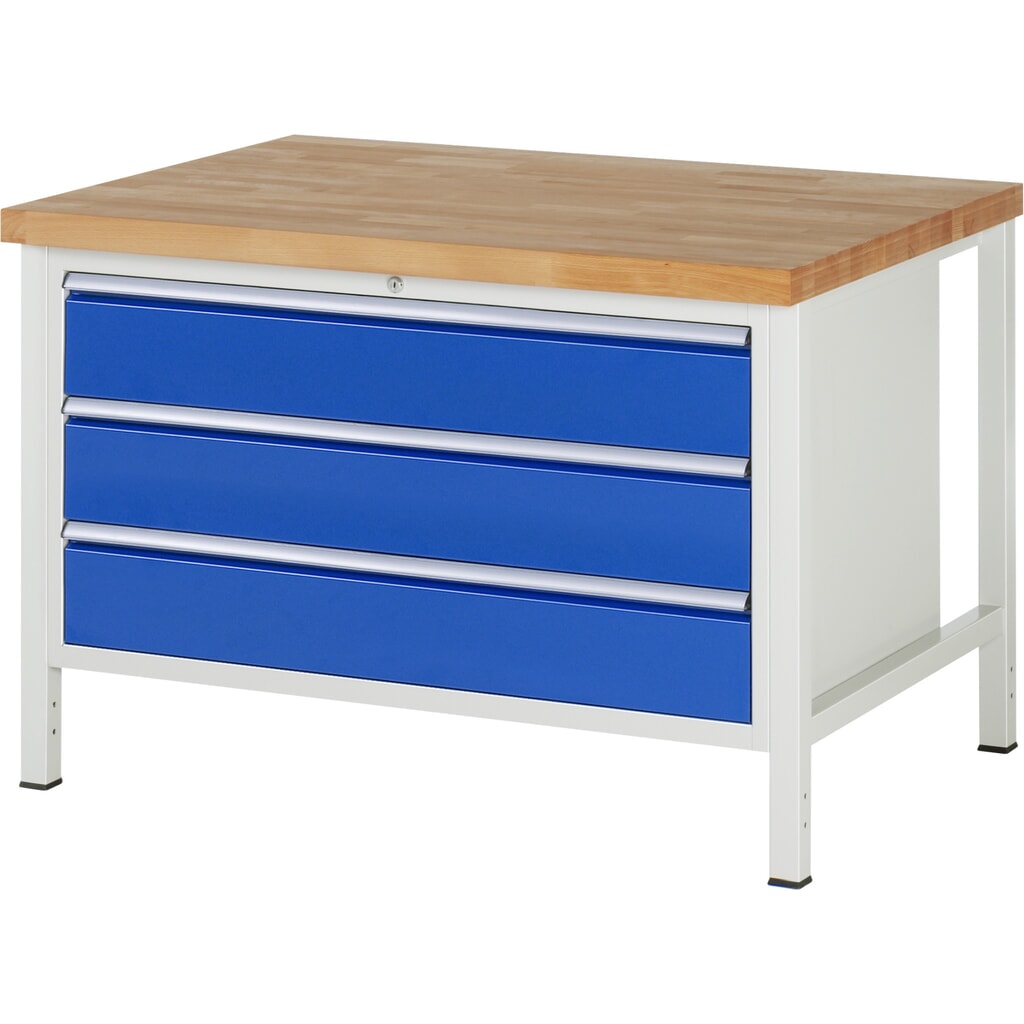 Product afbeelding: Werkbank RAU serie 8000, hxbxd 840-1.040 x 1.250 x 900 mm, 3 x voor 100% uittrekbare lades, 3 x 180 mm, draagvermogen lade 50 kg
