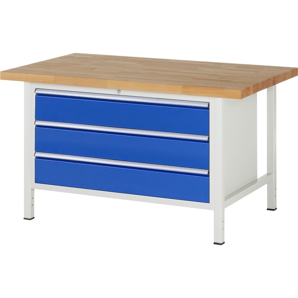 Werkbank RAU serie 8000, hxbxd 840-1.040 x 1.500 x 900 mm, 3 x voor 90% uittrekbare lades, 3 x 180 mm, draagvermogen lade 50 kg Product afbeelding: Werkbank RAU serie 8000, hxbxd 840-1.040 x 1.500 x 900 mm, 3 x voor 90% uittrekbare lades, 3 x 180 mm, draagvermogen lade 50 kg