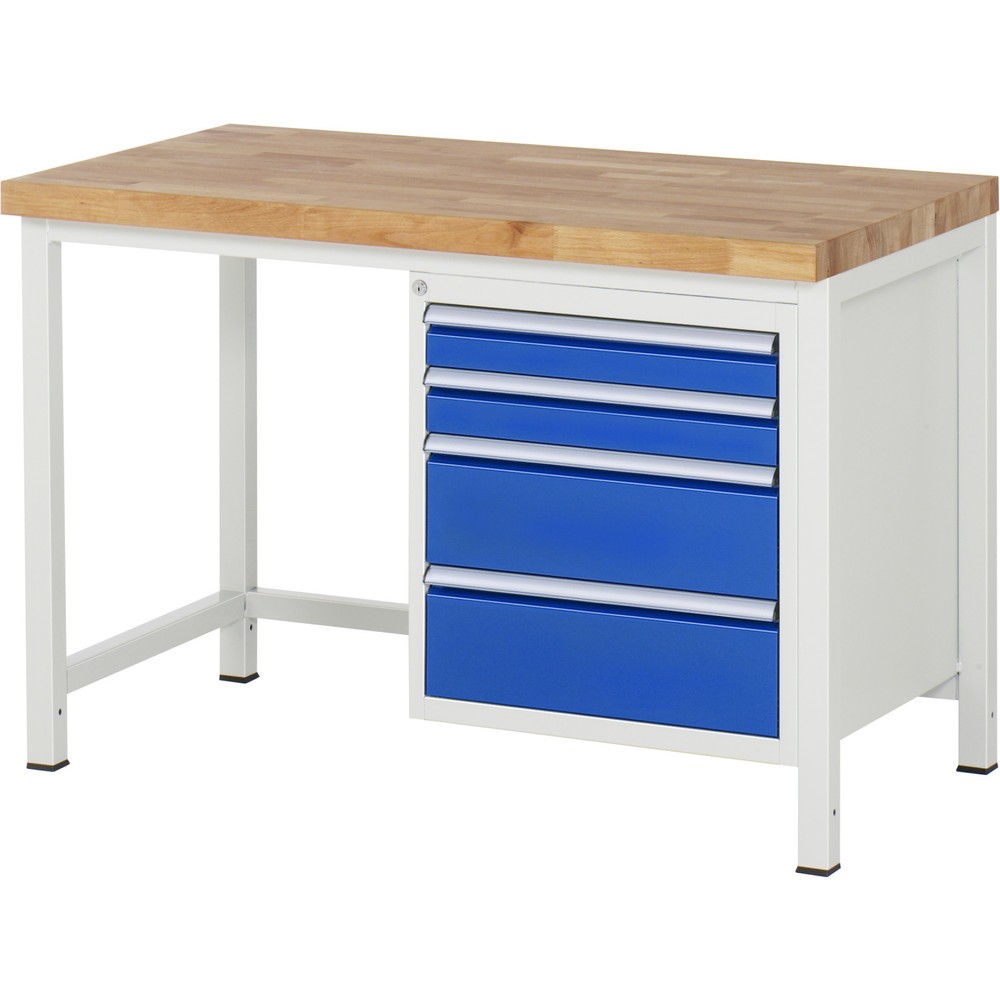 Productafbeelding nr. 1: Werkbank RAU serie 8000, hxbxd 840-1.040 x 1.250 x 700 mm, 4 x voor 90% uittrekbare lades, 2 x 90, 2 x 180 mm, draagvermogen lade 100 kg