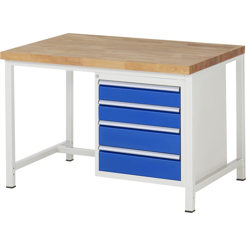 Product afbeelding: RAU werkbank serie 8000, h x b x d 840-1.040 x 1.250 x 900 mm, 1 onderbouwkast rechts, met 4 lades