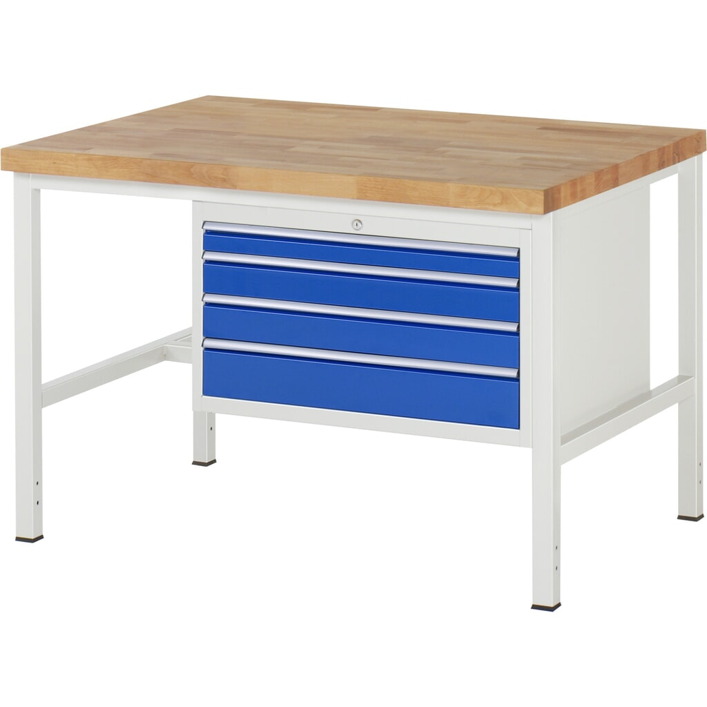 Product afbeelding: Werkbank RAU serie 8000, hxbxd 840-1.040 x 1.250 x 900 mm, 4 x voor 90% uittrekbare lades, 1 x 60, 2 x 90, 1 x 120 mm, draagvermogen lade 75 kg