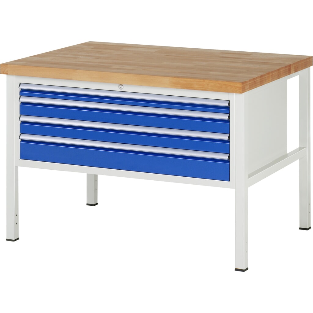 Product afbeelding: Werkbank RAU serie 8000, hxbxd 840-1.040 x 1.250 x 900 mm, 4 x voor 90% uittrekbare lades, 1 x 60, 2 x 90, 1 x 120 mm, draagvermogen lade 50 kg