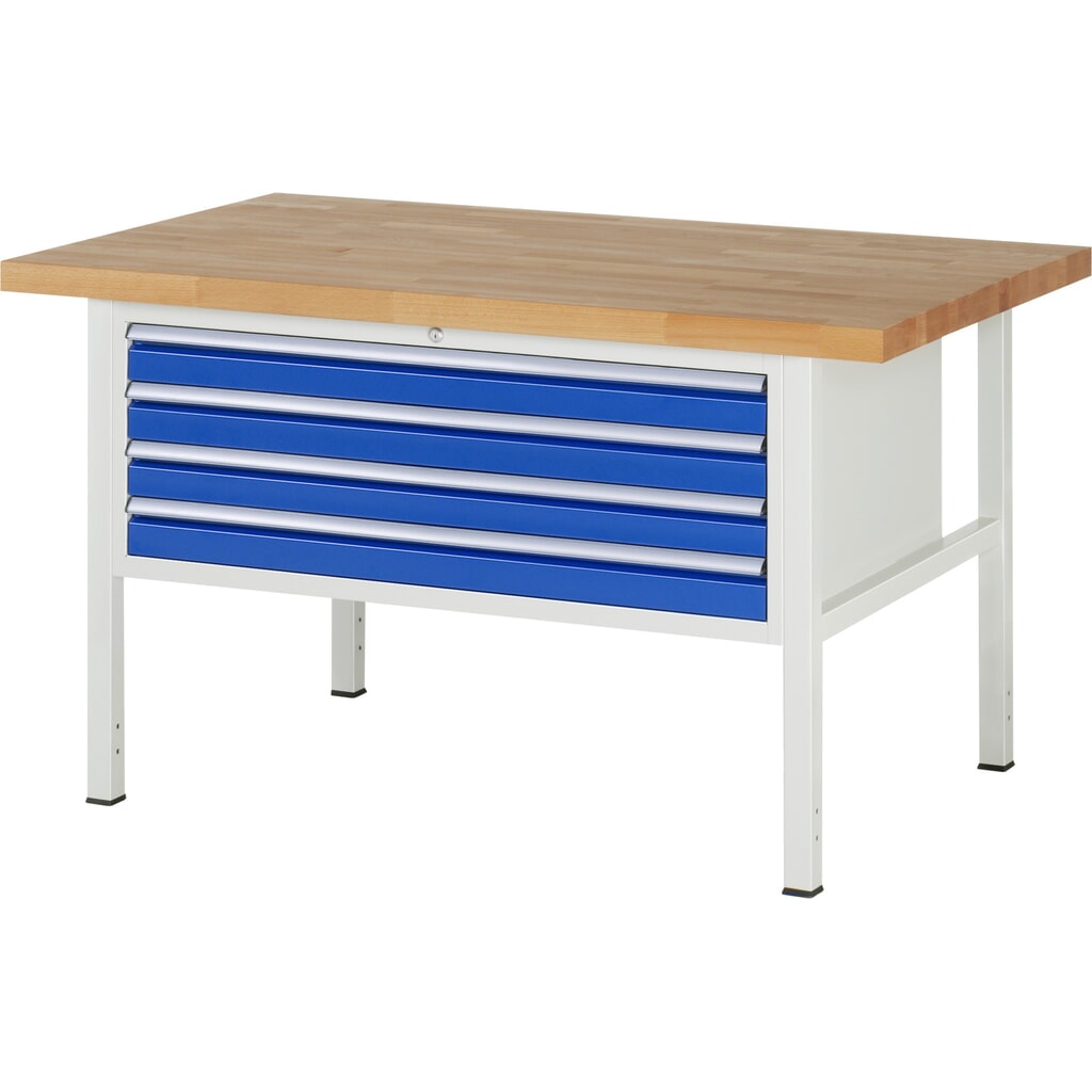 Product afbeelding: Werkbank RAU serie 8000, hxbxd 840-1.040 x 1.500 x 900 mm, 4 x voor 100% uittrekbare lades, 4 x 90 mm, draagvermogen lade 50 kg