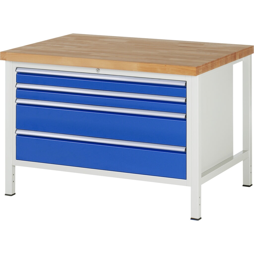 Product afbeelding: Werkbank RAU serie 8000, hxbxd 840-1.040 x 1.250 x 900 mm, 4 x voor 100% uittrekbare lades, 2 x 90, 2 x 180 mm, draagvermogen lade 50 kg