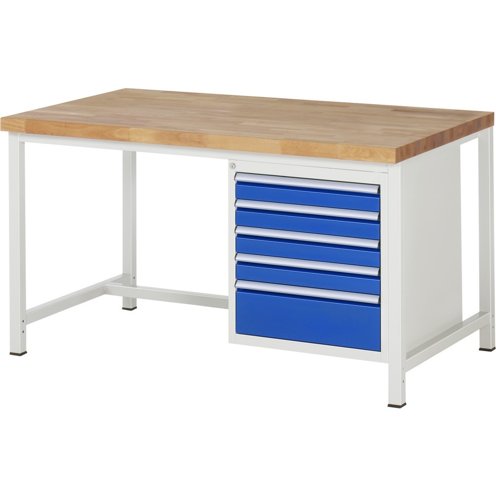 Product afbeelding: Werkbank RAU serie 8000, hxbxd 840-1.040 x 1.500 x 900 mm, 5 x voor 100% uittrekbare lades, 4 x 90, 1 x 180 mm, draagvermogen lade 100 kg