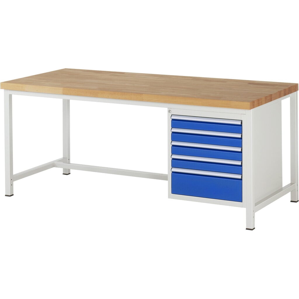 Product afbeelding: Werkbank RAU serie 8000, hxbxd 840 x 2.000 x 900 mm, 5 x voor 100% uittrekbare lades, 4 x 90, 1 x 180 mm, draagvermogen lade 100 kg