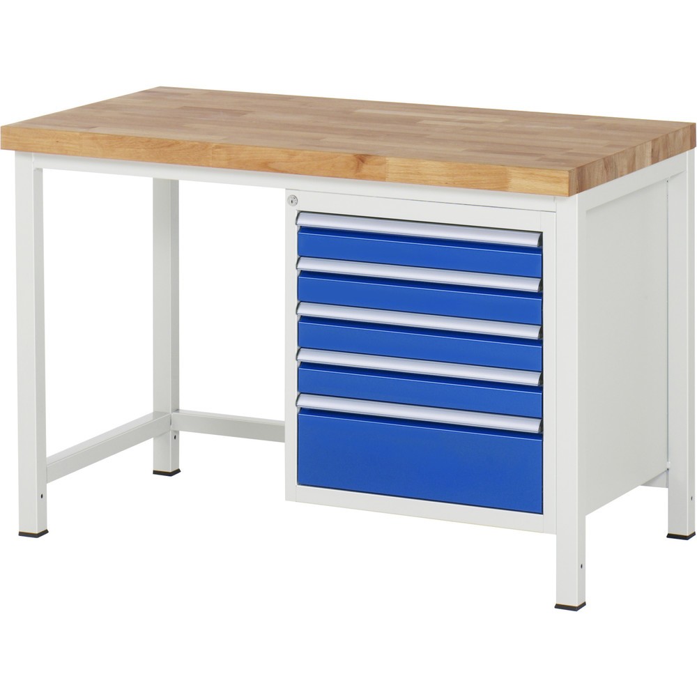 Product afbeelding: Werkbank RAU serie 8000, hxbxd 840-1.040 x 1.250 x 700 mm, 5 x voor 90% uittrekbare lades, 4 x 90, 1 x 180 mm, draagvermogen lade 100 kg