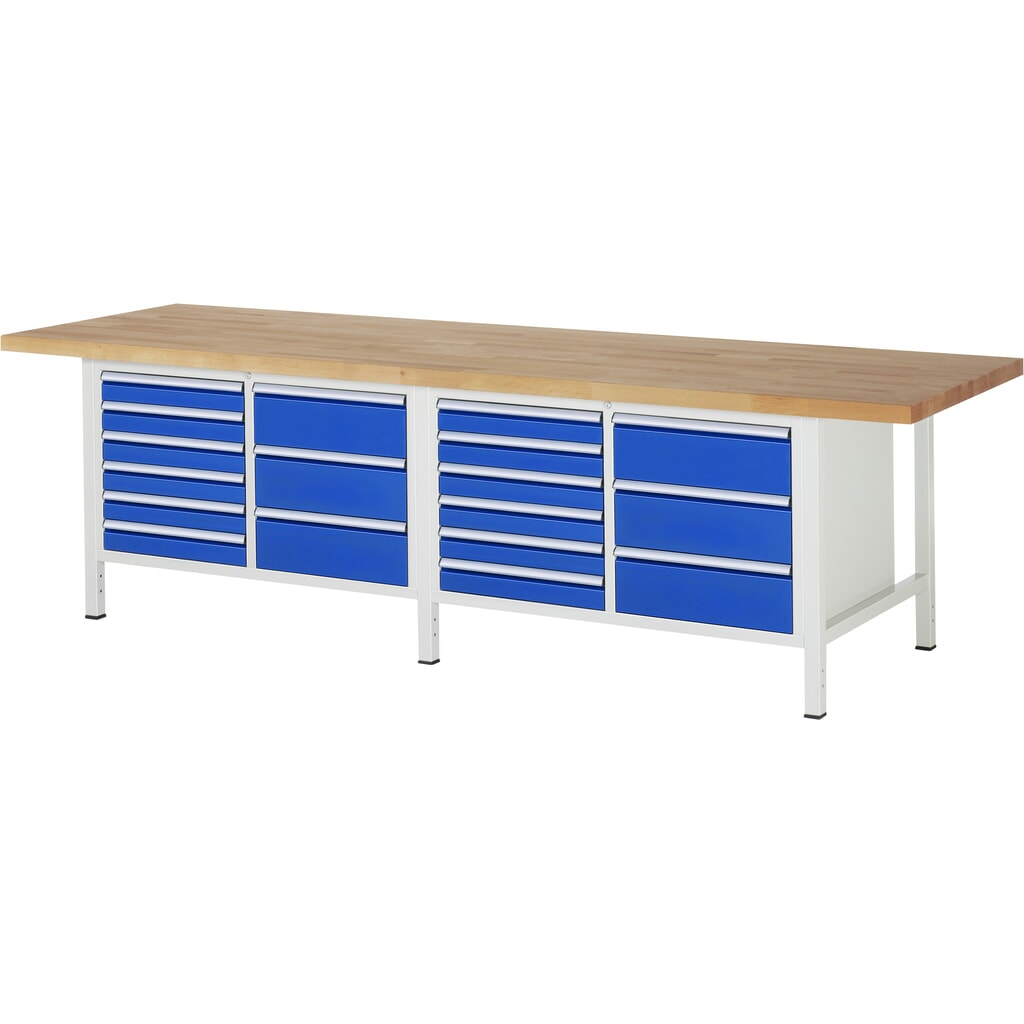 Productafbeelding nr. 1: RAU werkbank serie 8000, h x b x d 840-1.040 x 3.000 x 900 mm, 2 dubbele onderbouwkasten, met telkens 9 lades