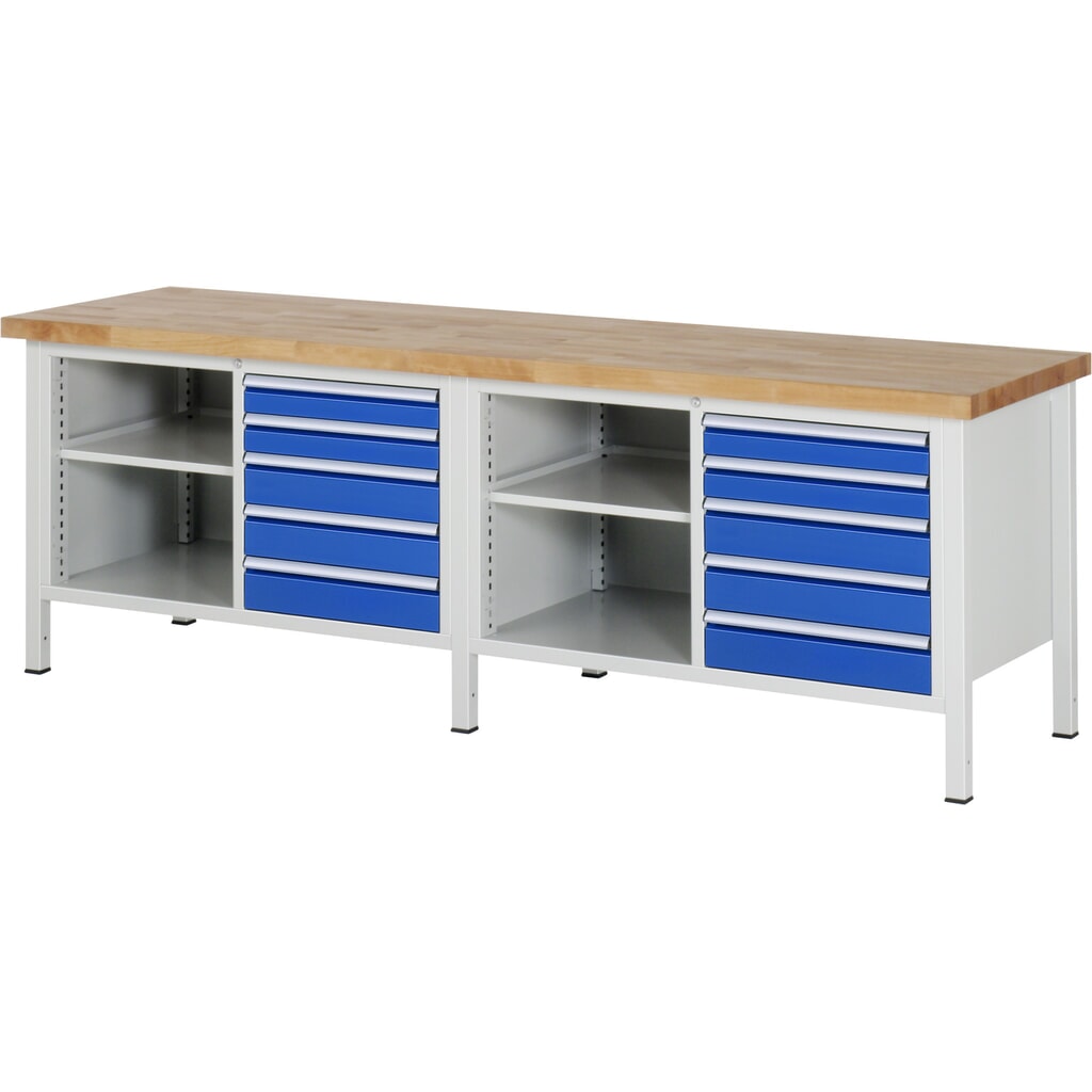 Werkbank RAU serie 8000, 2 dubbele kasten, hxbxd 840-1.040 x 2.500 x 700 mm, 10 lades, 1 legbord diepte 350 mm Product afbeelding: Werkbank RAU serie 8000, 2 dubbele kasten, hxbxd 840-1.040 x 2.500 x 700 mm, 10 lades, 1 legbord diepte 350 mm