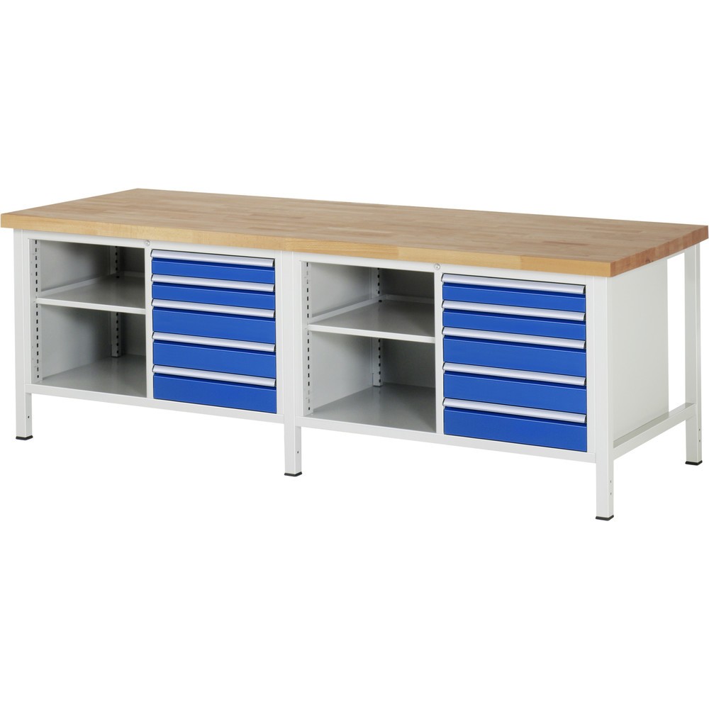 Productafbeelding nr. 1: Werkbank RAU serie 8000, 2 dubbele kasten, 1 legbord, hxbxd 840 x 2.500 x 900 mm, 10 lades