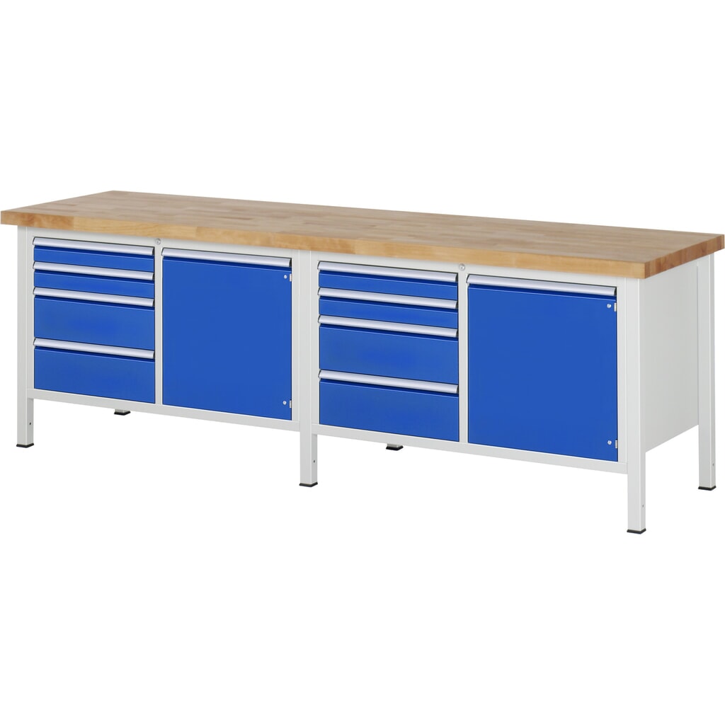 Werkbank RAU serie 8000, 2 dubbele kasten, 2 draaideuren, hxbxd 840-1.040 x 2.500 x 700 mm, 8 lades Product afbeelding: Werkbank RAU serie 8000, 2 dubbele kasten, 2 draaideuren, hxbxd 840-1.040 x 2.500 x 700 mm, 8 lades