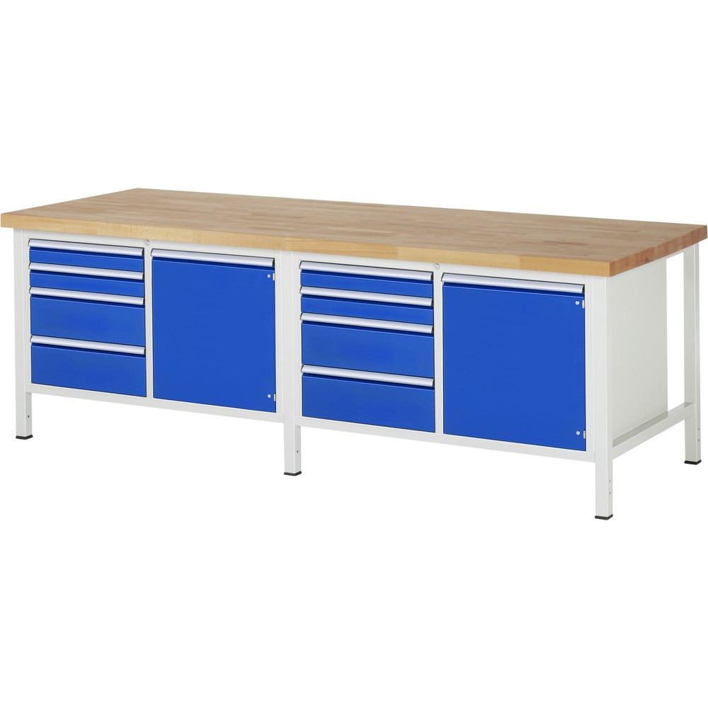 Product afbeelding: Werkbank RAU serie 8000, 2 dubbele kasten, 2 draaideuren, hxbxd 840-1.040 x 2.500 x 900 mm, 8 lades
