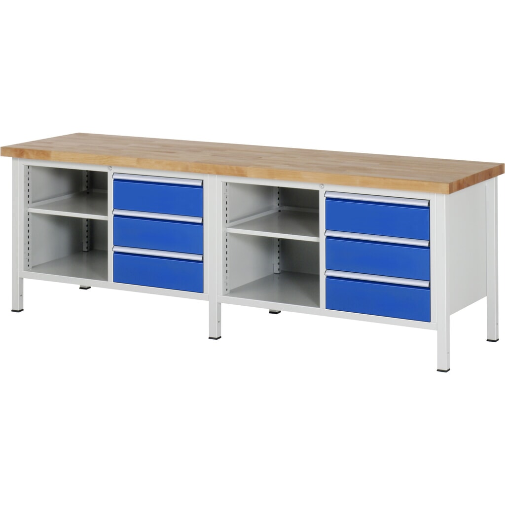 Product afbeelding: Werkbank RAU serie 8000, 2 dubbele kasten, hxbxd 840 x 2.500 x 700 mm, 6 lades, 1 legbord diepte 350 mm