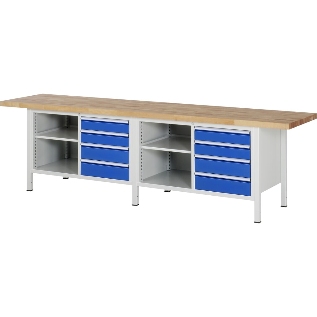 Productafbeelding nr. 1: RAU werkbank serie 8000, h x b x d 840-1.040 x 3.000 x 700 mm, 2 dubbele onderbouwkasten, met telkens 4 lades