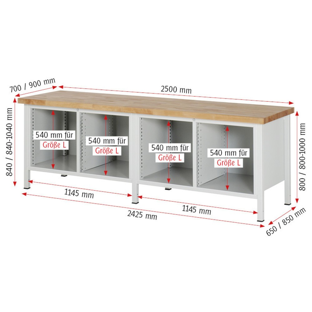 Productafbeelding nr. 5: Werkbank RAU serie 8000, 2 dubbele kasten, hxbxd 840-1.040 x 2.500 x 900 mm, 10 lades