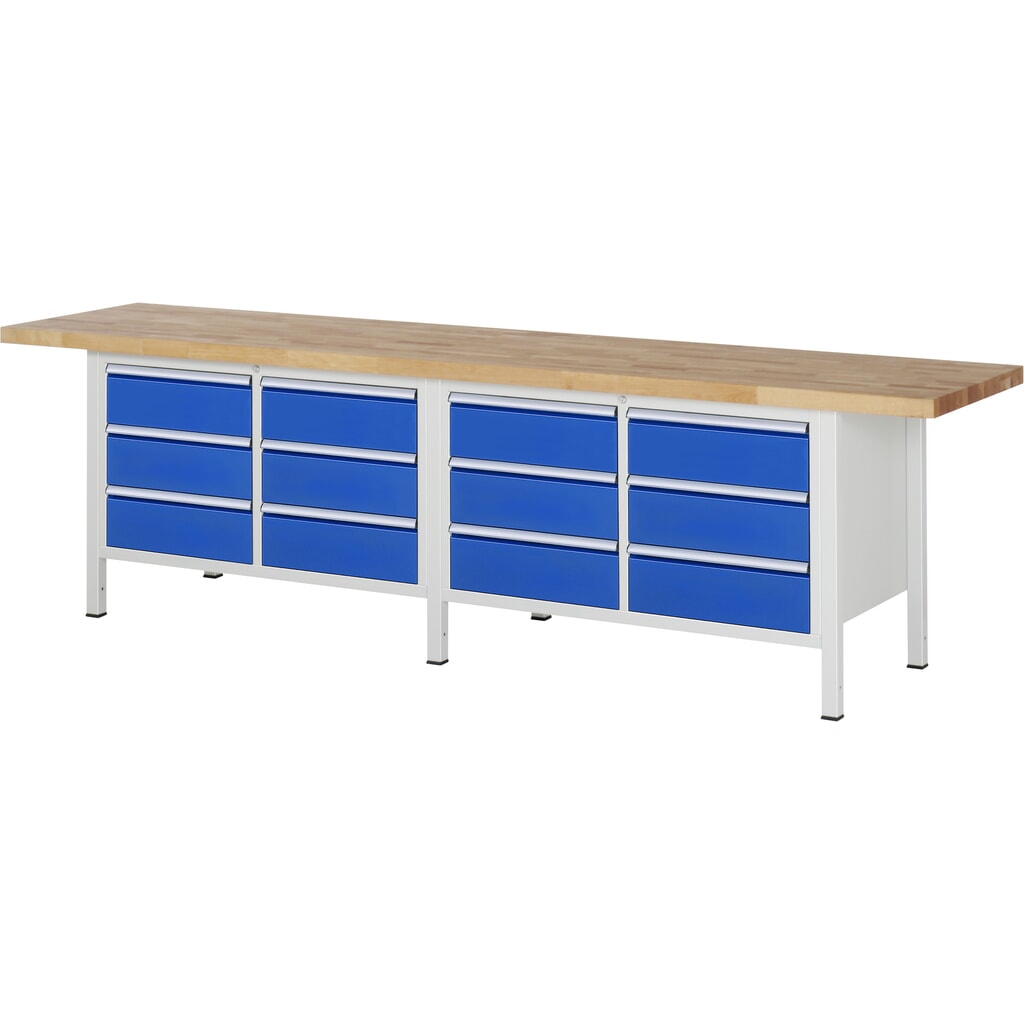 Product afbeelding: RAU werkbank serie 8000, h x b x d 840-1.040 x 3.000 x 700 mm, 2 dubbele onderbouwkasten, met telkens 6 lades