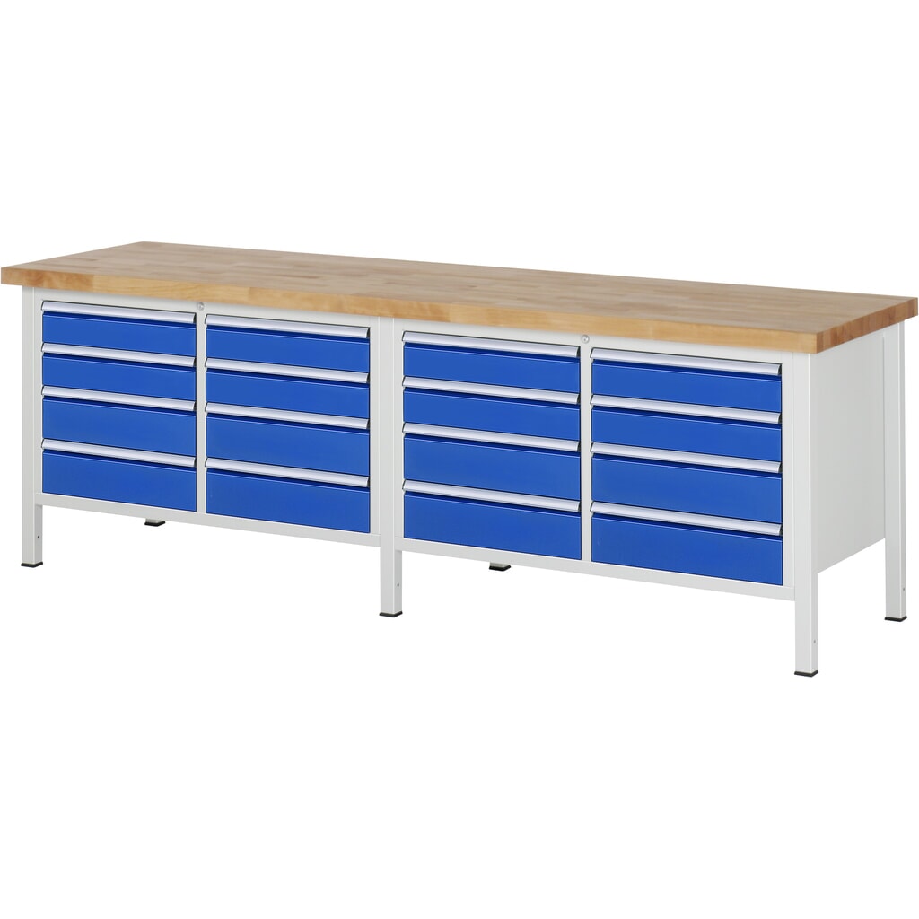 Productafbeelding nr. 1: RAU werkbank serie 8000, h x b x d 840-1.040 x 2.500 x 700 mm, 2 dubbele onderbouwkasten, met telkens 8 lades