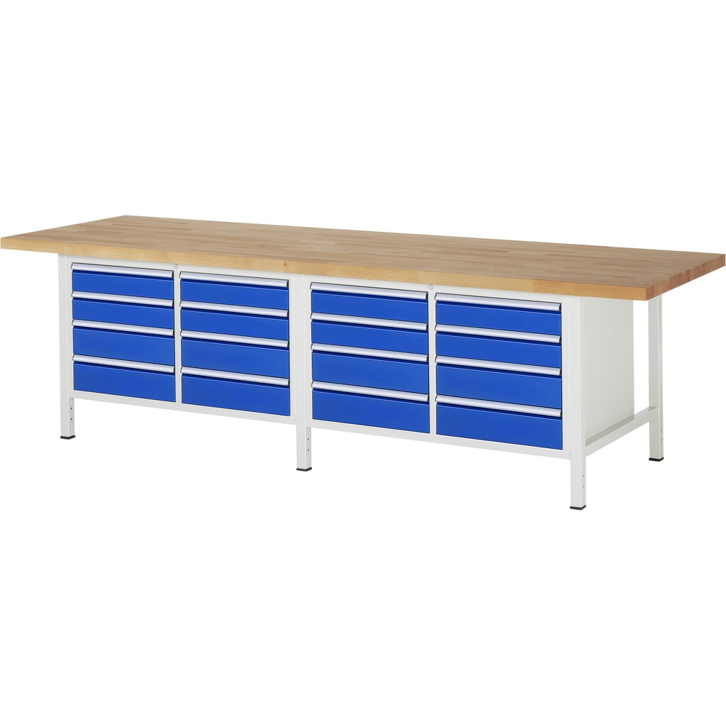 Productafbeelding nr. 1: RAU werkbank serie 8000, h x b x d 840-1.040 x 3.000 x 900 mm, 2 dubbele onderbouwkasten, met telkens 8 lades