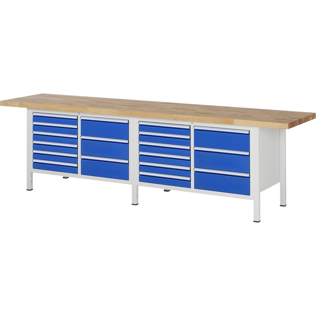 RAU werkbank serie 8000, h x b x d 840-1.040 x 3.000 x 700 mm, 2 dubbele onderbouwkasten, met telkens 9 lades Productafbeelding nr. 1: RAU werkbank serie 8000, h x b x d 840-1.040 x 3.000 x 700 mm, 2 dubbele onderbouwkasten, met telkens 9 lades
