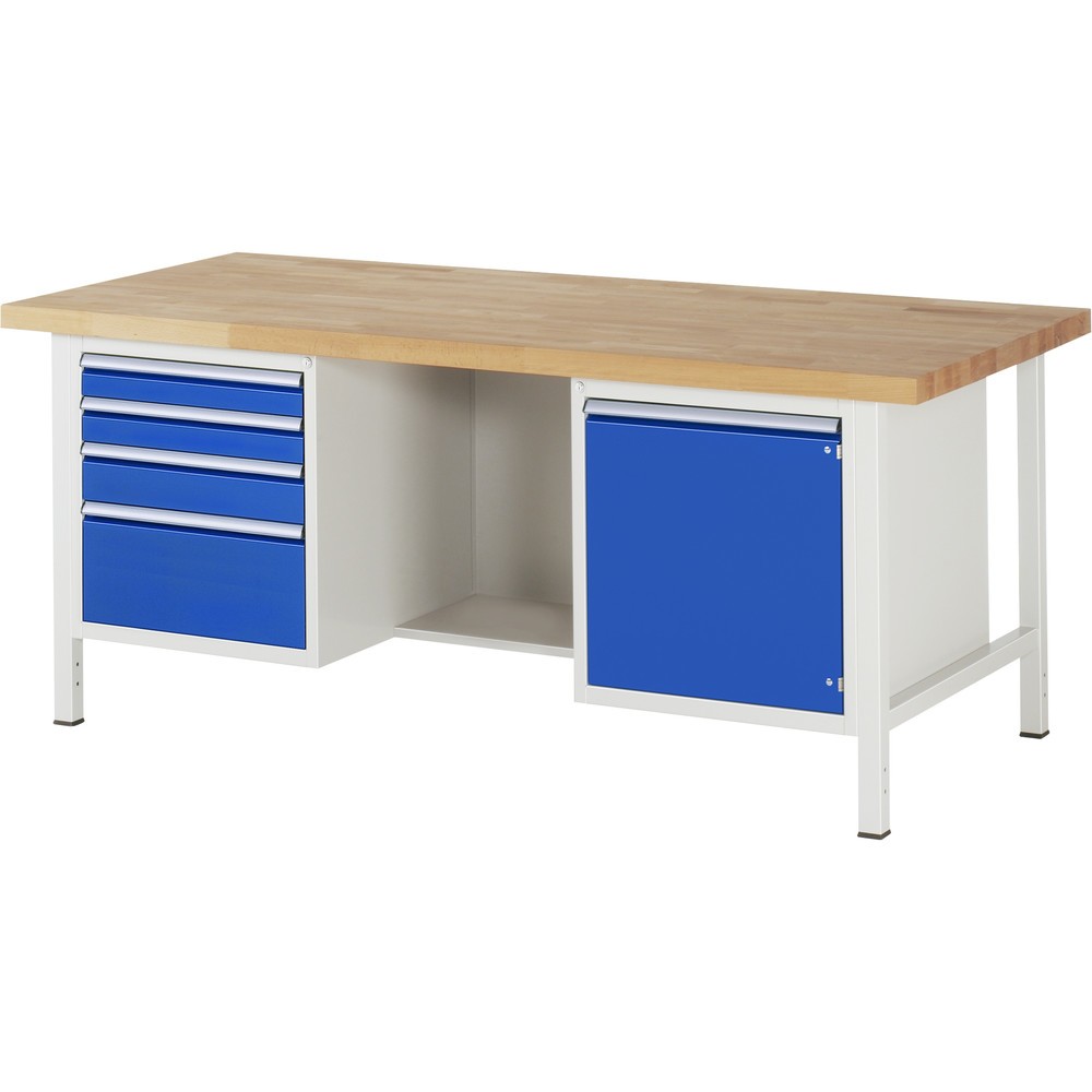 Product afbeelding: RAU werkbank serie 8000, h x b x d 840-1.040 x 2.000 x 900 mm, 2 onderbouwkasten, met 4 lades en 1 openslaande deur