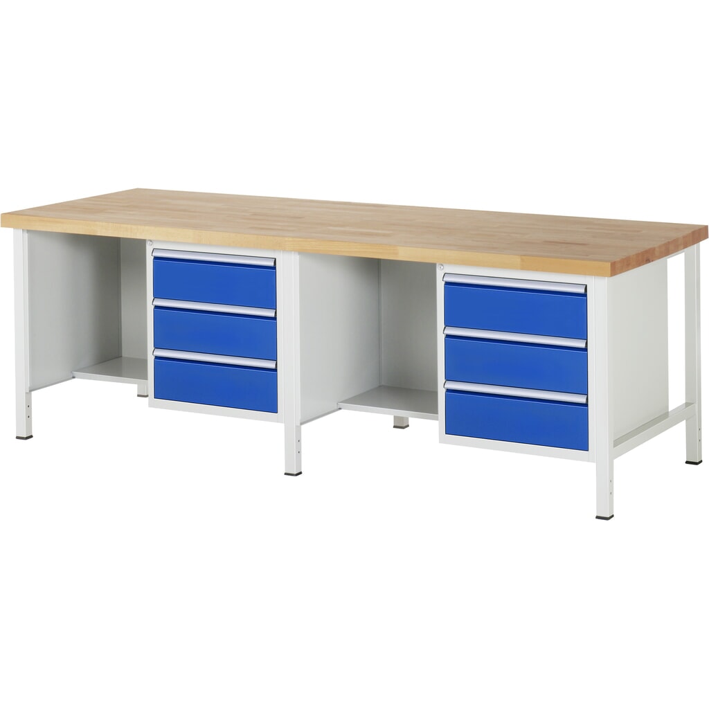 RAU werkbank serie 8000, h x b x d 840-1.040 x 2.500 x 900 mm, 2 onderbouwkasten en opbergvak, met telkens 3 lades Product afbeelding: RAU werkbank serie 8000, h x b x d 840-1.040 x 2.500 x 900 mm, 2 onderbouwkasten en opbergvak, met telkens 3 lades