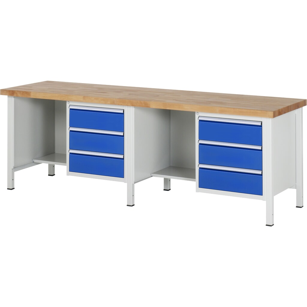 RAU werkbank serie 8000, h x b x d 840-1.040 x 2.500 x 700 mm, 2 onderbouwkasten en opbergvak, met telkens 3 lades Product afbeelding: RAU werkbank serie 8000, h x b x d 840-1.040 x 2.500 x 700 mm, 2 onderbouwkasten en opbergvak, met telkens 3 lades