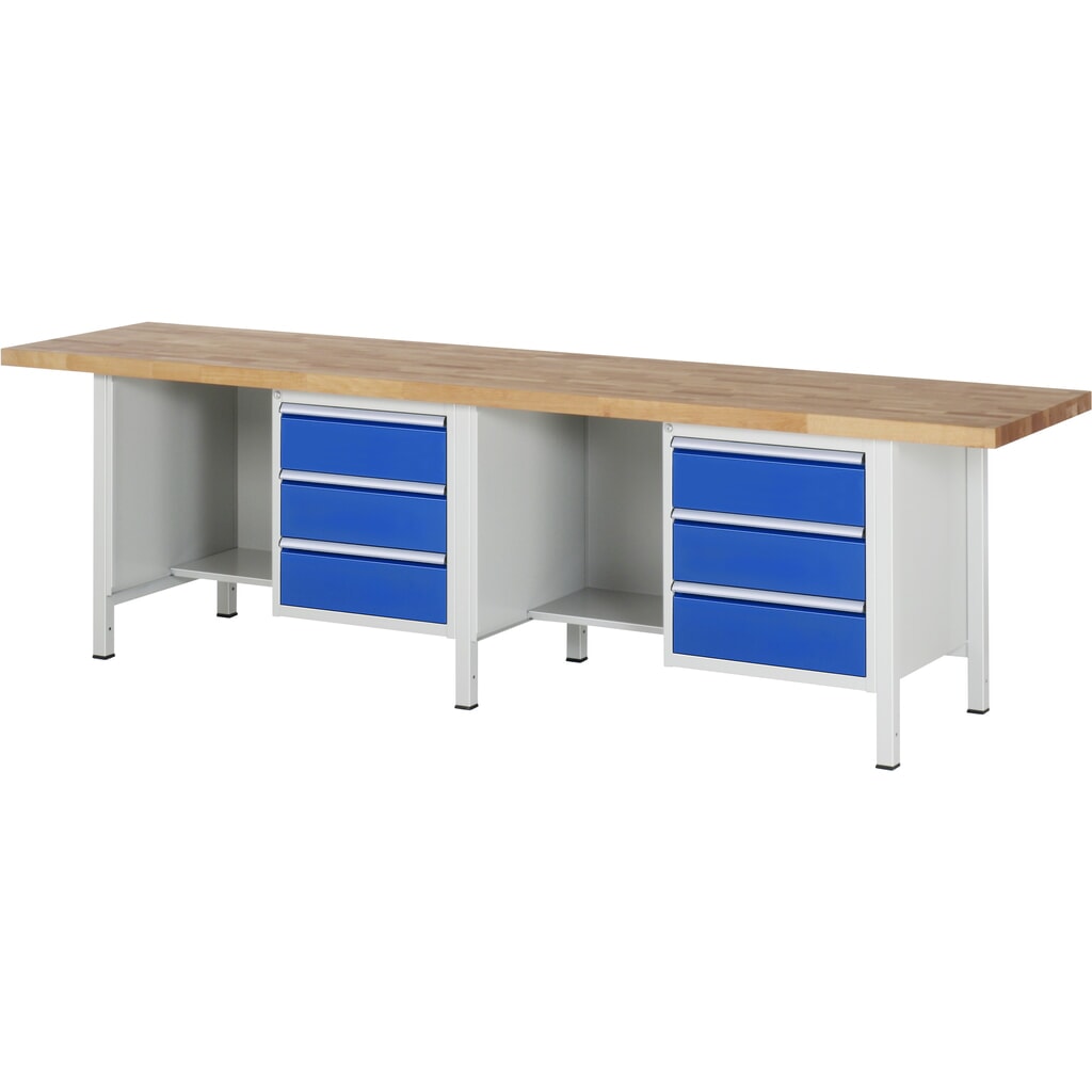 Product afbeelding: RAU werkbank serie 8000, h x b x d 840-1.040 x 3.000 x 700 mm, 2 onderbouwkasten en opbergvak, met telkens 3 lades