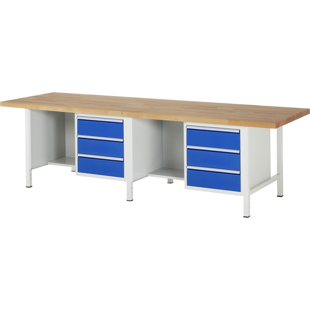 RAU werkbank serie 8000, h x b x d 840-1.040 x 3.000 x 900 mm, 2 onderbouwkasten en opbergvak, met telkens 3 lades Product afbeelding: RAU werkbank serie 8000, h x b x d 840-1.040 x 3.000 x 900 mm, 2 onderbouwkasten en opbergvak, met telkens 3 lades