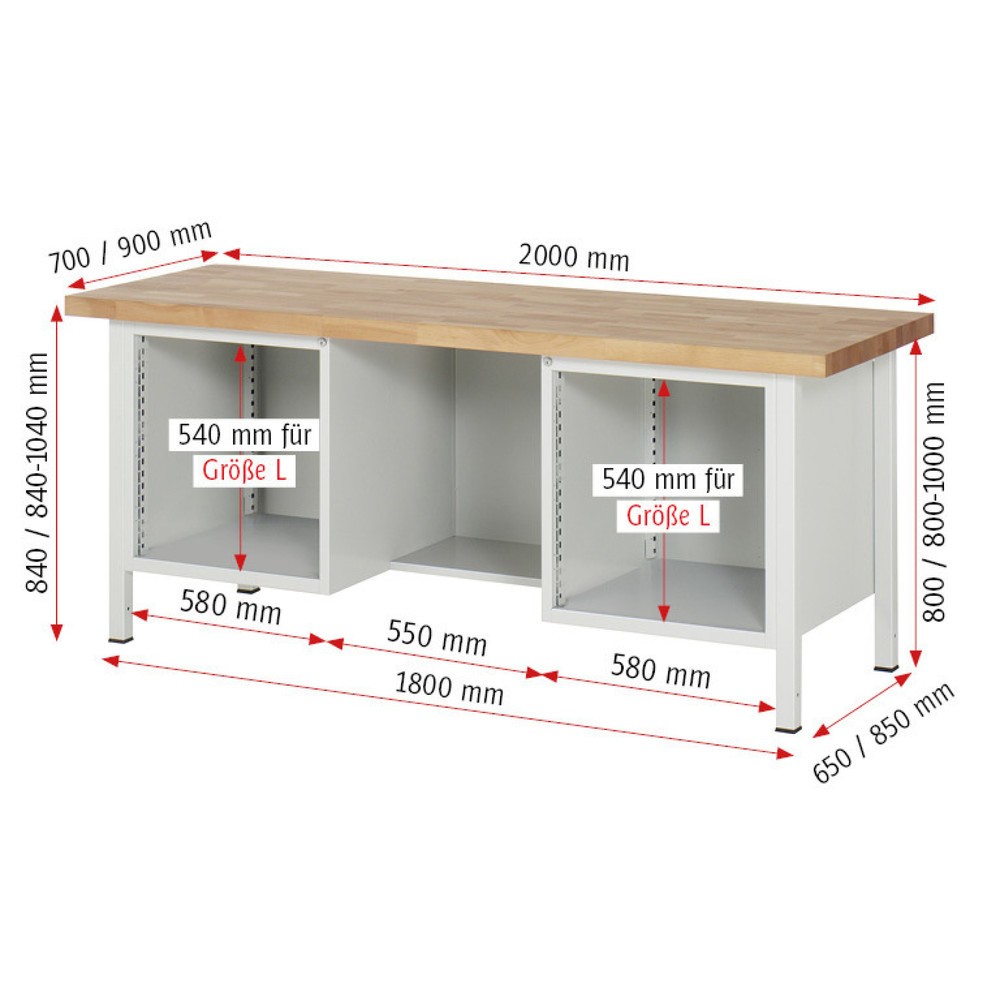 Productafbeelding nr. 7: Werkbank RAU serie 8000, 2 kasten, 1 draaideur, hxbxd 840 x 2.000 x 700 mm, 2 lades