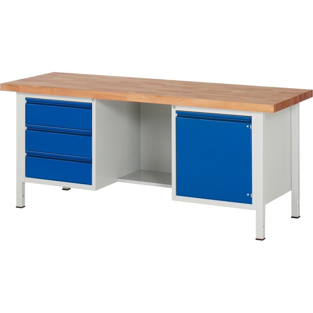 Product afbeelding: Werkbank RAU serie 8000, 2 kasten, 1 legbord, 1 draaideur, hxbxd 840-1.040 x 2.000 x 700 mm, 3 lades