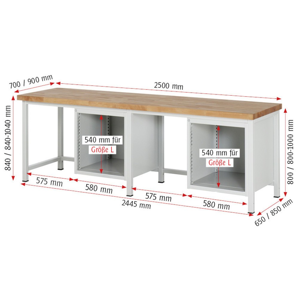 Productafbeelding nr. 6: Werkbank RAU serie 8000, 2 kasten, 1 draaideur, hxbxd 840-1.040 x 2.500 x 700 mm, 2 lades