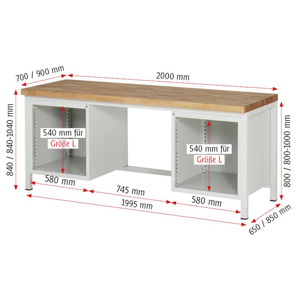 Productafbeelding nr. 6: Werkbank RAU serie 8000, 2 kasten, hxbxd 840-1.040 x 2.000 x 700 mm, 8 x voor 90% uittrekbare lades 4 x 90, 2 x 150, 2 x 210 mm