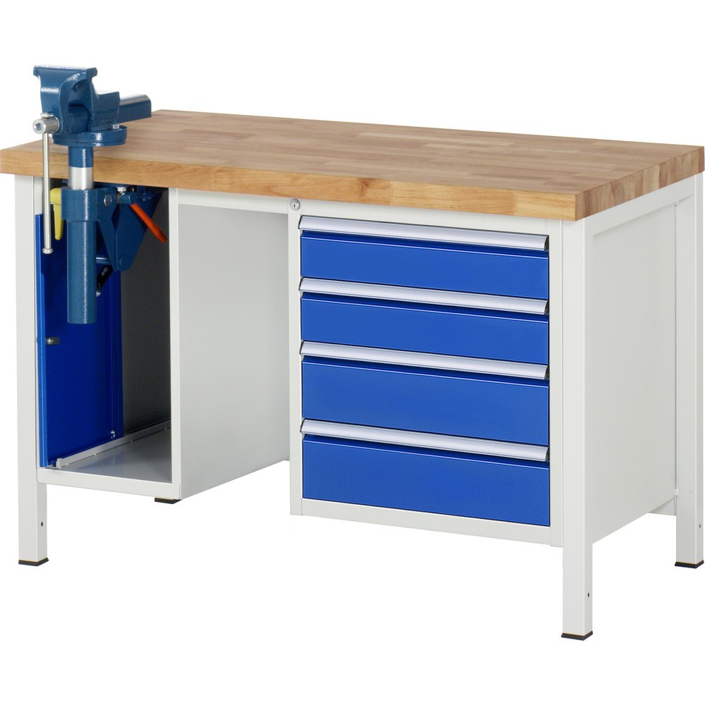 Product afbeelding: Werkbank RAU serie 8000, 2 kasten, hxbxd 840-1.040 x 1.250 x 700 mm, 4 x voor 100% uittrekbare lades 2 x 120, 2 x 150 mm, incl. bankschroef