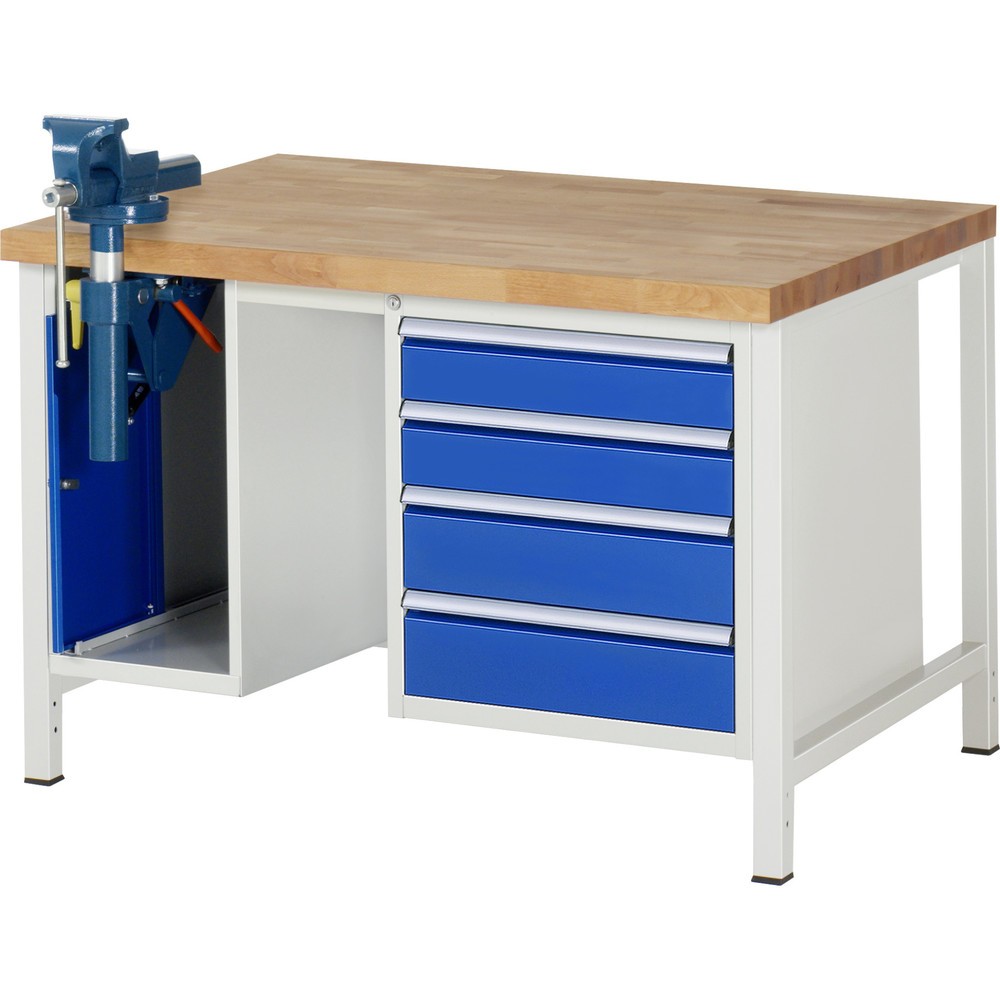 Productafbeelding nr. 1: Werkbank RAU serie 8000, 2 kasten, hxbxd 840-1.040 x 1.250 x 900 mm, 4 x voor 90% uittrekbare lades 2 x 120, 2 x 150 mm, incl. bankschroef