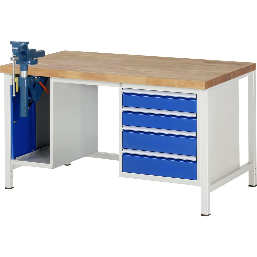 Product afbeelding: Werkbank RAU serie 8000, 2 kasten, hxbxd 840-1.040 x 1.500 x 900 mm, 4 x voor 100% uittrekbare lades 2 x 120, 2 x 150 mm, incl. bankschroef