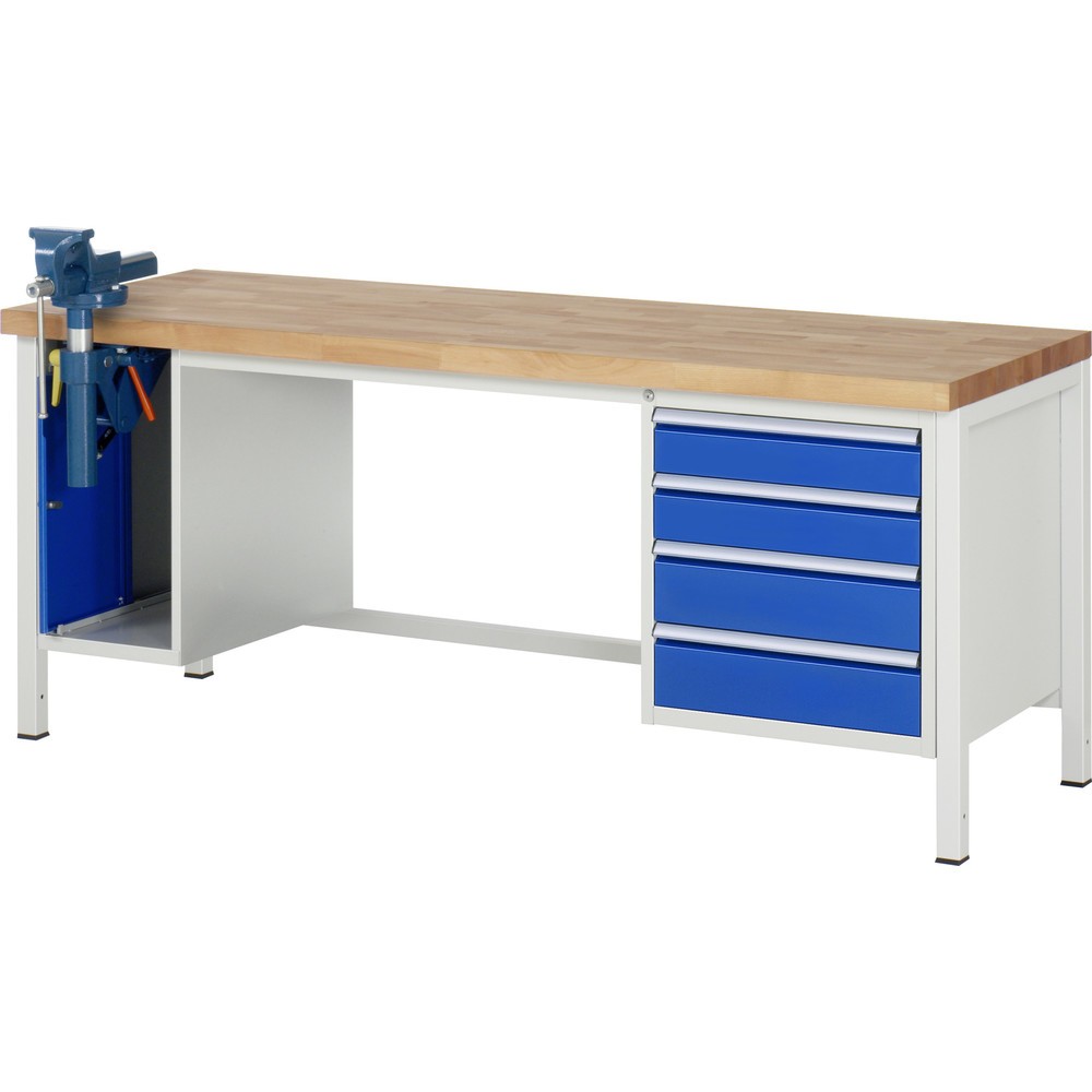 Productafbeelding nr. 1: Werkbank RAU serie 8000, 2 kasten, hxbxd 840 x 2.000 x 700 mm, 4 x voor 100% uittrekbare lades 2 x 120, 2 x 150 mm, incl. bankschroef