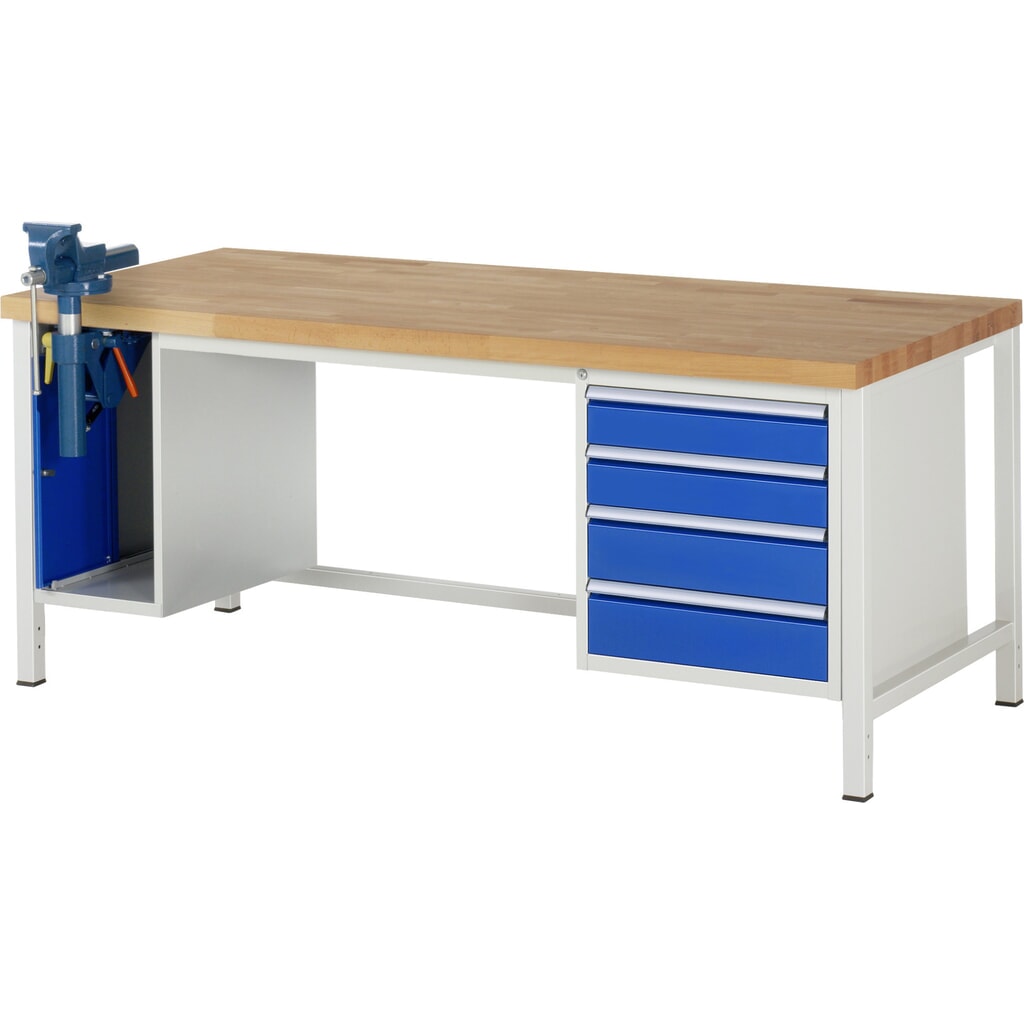 Product afbeelding: Werkbank RAU serie 8000, 2 kasten, hxbxd 840-1.040 x 2.000 x 900 mm, 4 x voor 100% uittrekbare lades 2 x 120, 2 x 150 mm, incl. bankschroef