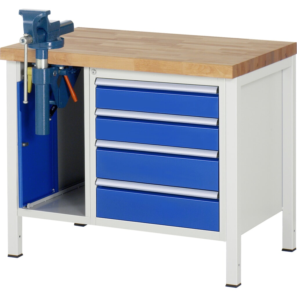 Productafbeelding nr. 1: Werkbank RAU serie 8000, 2 kasten, hxbxd 840-1.040 x 1.000 x 700 mm, 4 x voor 90% uittrekbare lades 2 x 120, 2 x 150 mm, incl. bankschroef