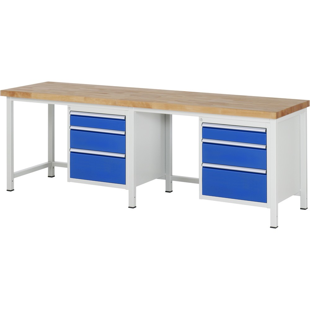 Product afbeelding: RAU werkbank serie 8000, h x b x d 840-1.040 x 2.500 x 700 mm, 2 onderbouwkasten, met telkens 3 lades