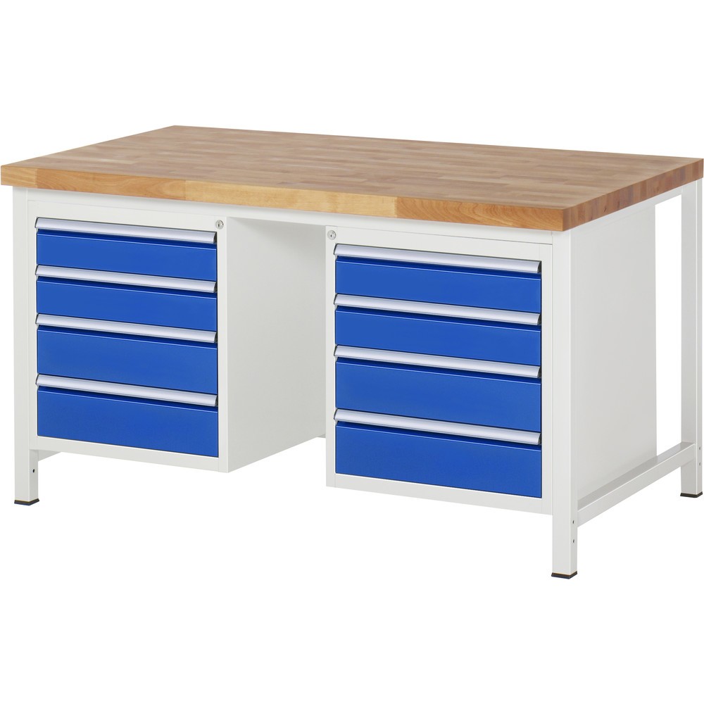 Product afbeelding: RAU werkbank serie 8000, h x b x d 840-1.040 x 1.500 x 900 mm, 2 onderbouwkasten, met telkens 4 lades