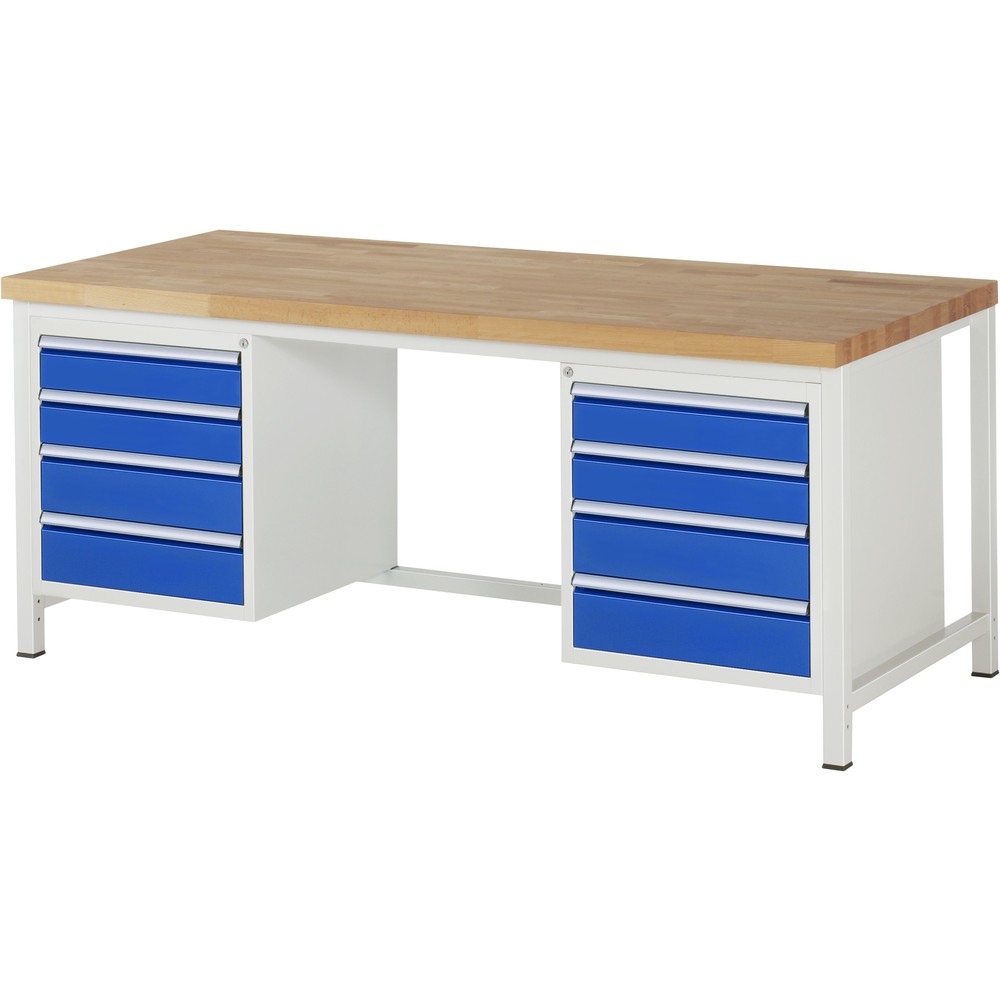 Product afbeelding: RAU werkbank serie 8000, h x b x d 840-1.040 x 2.000 x 900 mm, 2 onderbouwkasten, met telkens 4 lades