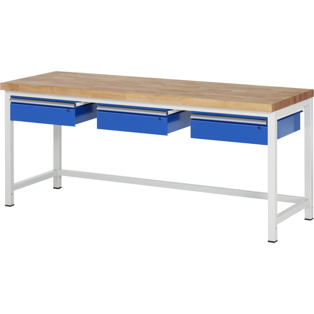 Werkbank RAU serie 8000, hxbxd 840-1.040 x 2.000 x 700 mm, 3 lades, draagvermogen lade 50 kg Product afbeelding: Werkbank RAU serie 8000, hxbxd 840-1.040 x 2.000 x 700 mm, 3 lades, draagvermogen lade 50 kg