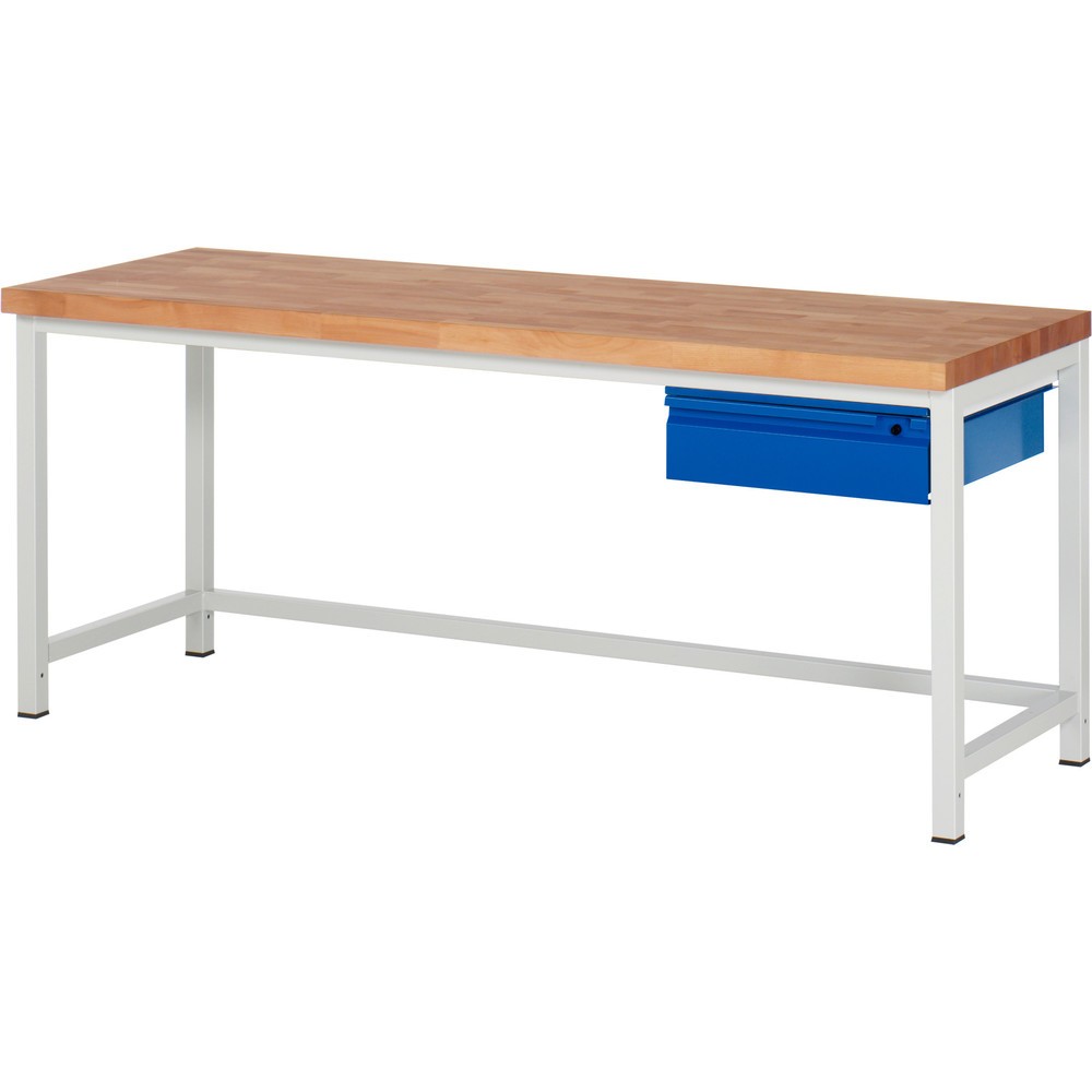 Productafbeelding nr. 1: Werkbank RAU serie 8000, massief beuken werkblad, dikte 40 mm, hxbxd 840-1.040 x 2.000 x 700 mm, 1 lade 1 x 150 mm